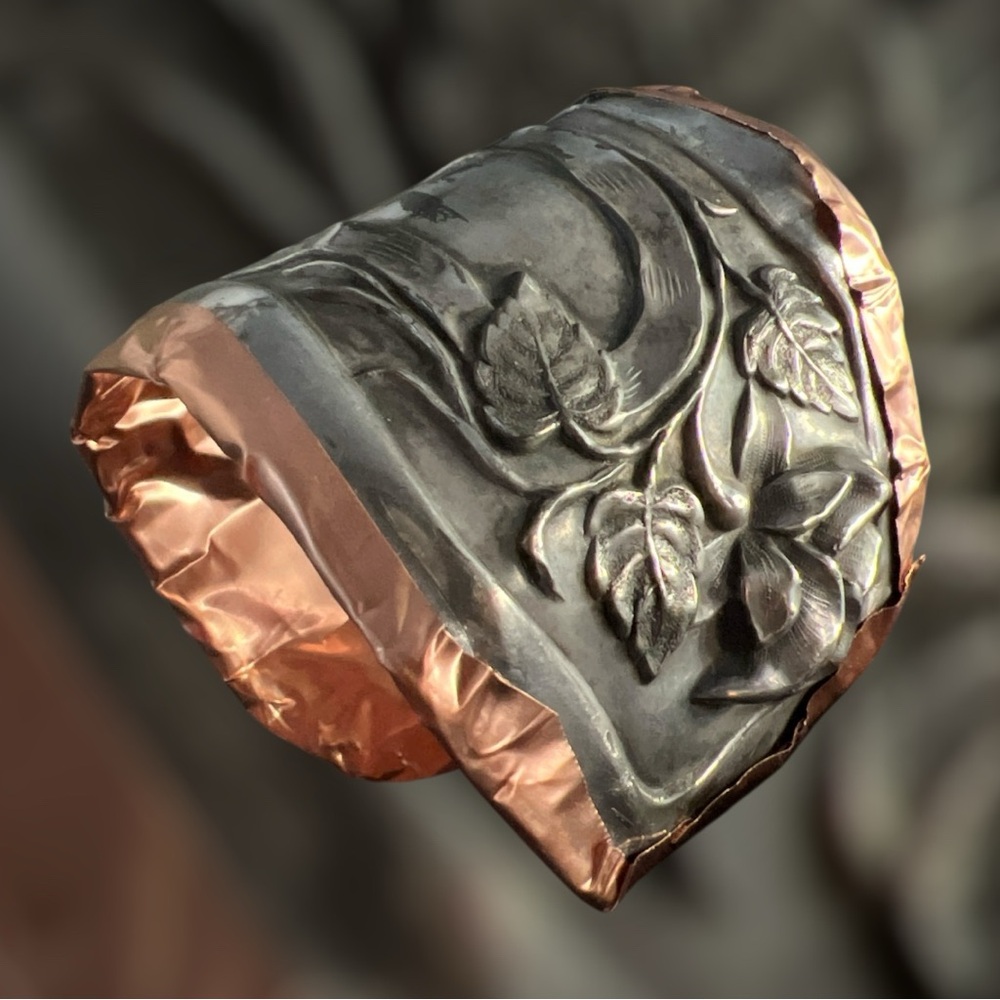 Floral Repousse’ Silver and Copper Cuff Bracelet